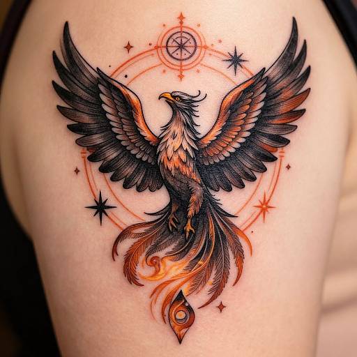 Colorful tattoo of a phoenix with black, orange, and red feathers, wings spread wide, surrounded by stars and circles on a person's shoulder.