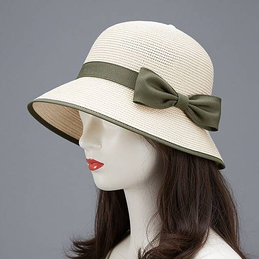 Photograph of a white mannequin head with dark hair, red lips, wearing a white straw hat with a dark green ribbon bow, against a