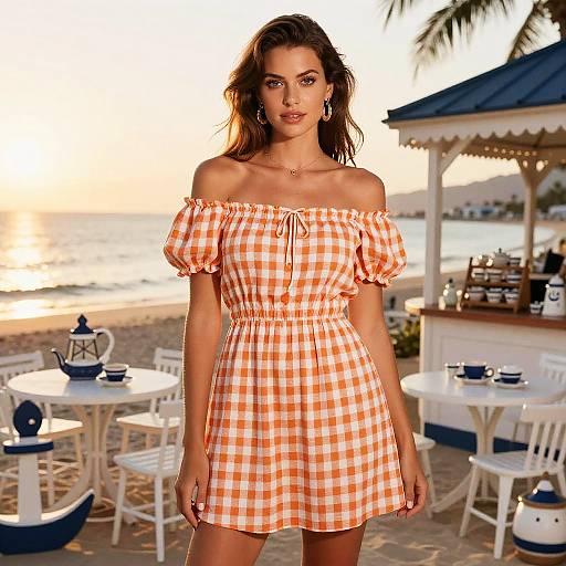 Woman in Orange Gingham Dress at Seaside Tea Room