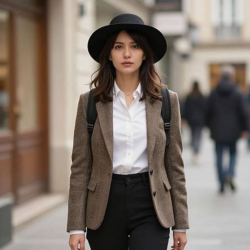 Photograph of a young Asian woman with long brown hair, wearing a black hat, brown checkered blazer, white shirt, black pants, and