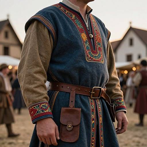 Photograph of a man in medieval attire, wearing a blue, embroidered dress with brown sleeves and belt, standing outdoors at dusk.
