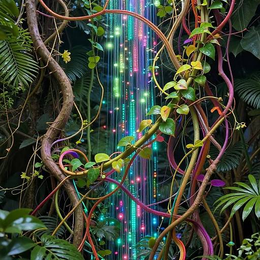 Vibrant digital artwork of colorful, glowing vertical lights amidst intertwining, multicolored jungle vines with green leaves, set against a dark, lush