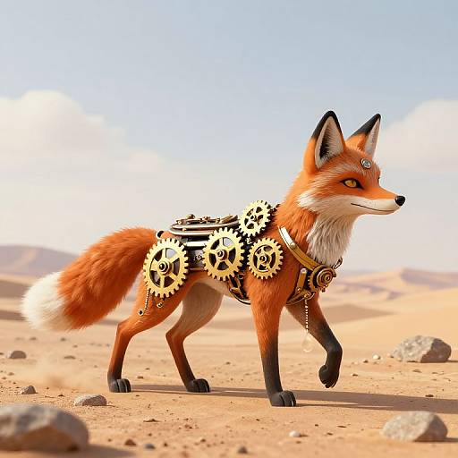Digital art of a red fox in a desert, wearing black-and-white gear-shaped harness, with a blue sky background.
