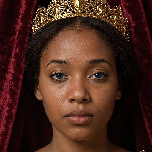 Photograph of a young Black woman with dark skin, blue eyes, and natural hair, wearing a golden crown and red velvet curtain background.