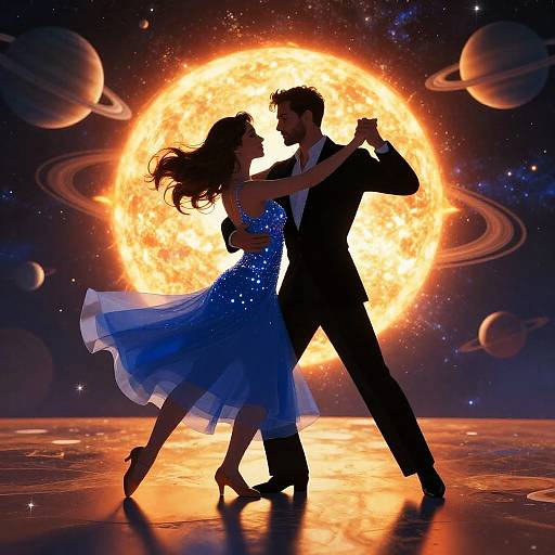 Silhouetted dancing couple in blue dress and black suit against a glowing sun and planetary backdrop, evoking a cosmic dance scene.