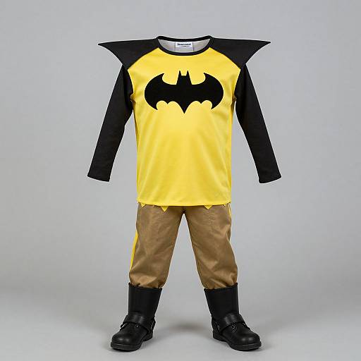 Photograph of a child's Batman costume: yellow shirt with black bat logo, black sleeves, brown pants, black boots, neutral gray background.