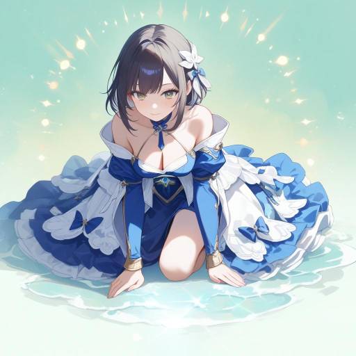 Young Woman in Blue Dress by Pool