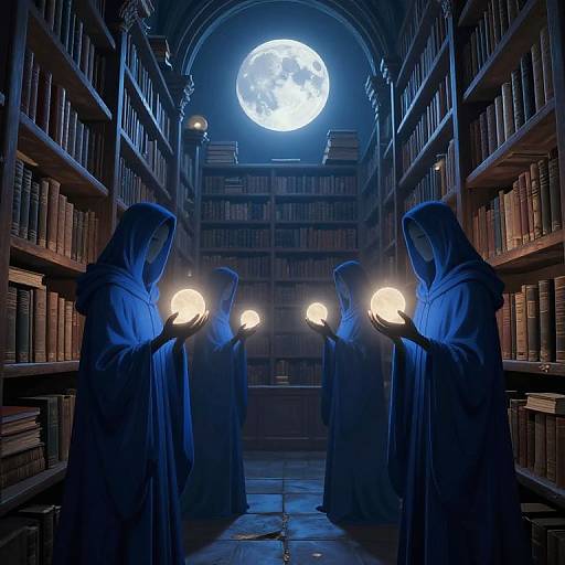 Photograph of three robed figures with glowing hands in a dimly lit, moonlit library, surrounded by bookshelves under a full moon.