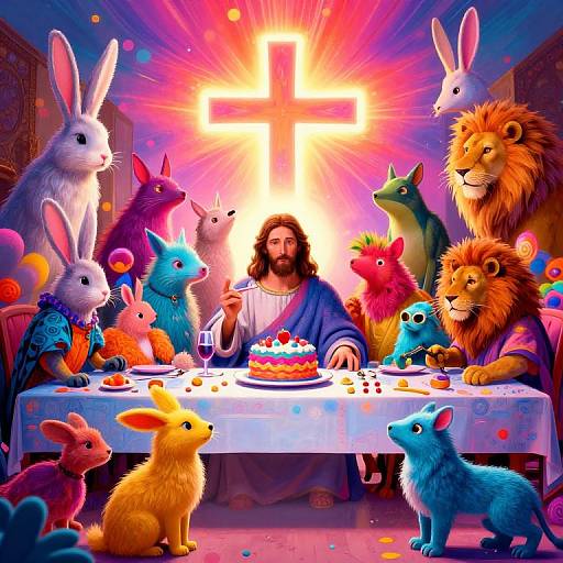 Digital art of Jesus with long brown hair and beard, wearing a blue robe, surrounded by colorful animals at a table with a cake, under a radiant