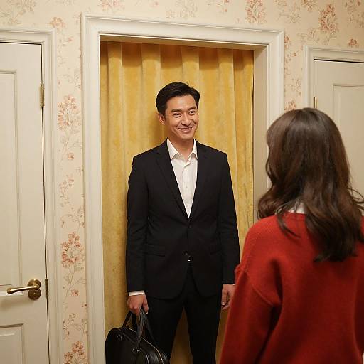 Man in Suit Smiling at Woman Indoors