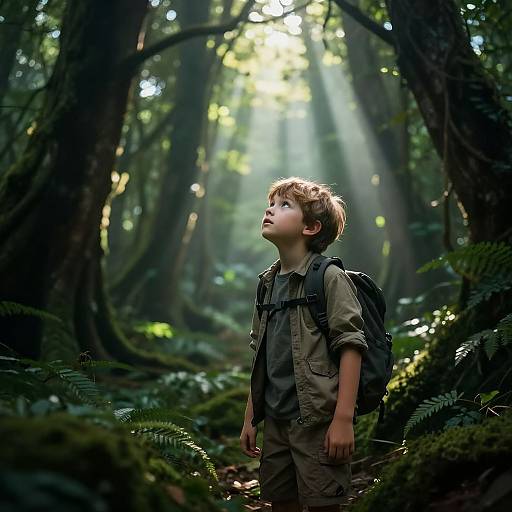 Photograph of a young boy with light brown hair, wearing a green shirt and backpack, standing in a sunlit forest, looking upwards. Sunbe