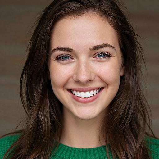 Photograph of a smiling young woman with fair skin, blue eyes, and brown hair, wearing a green knit sweater, against a blurred gray background.