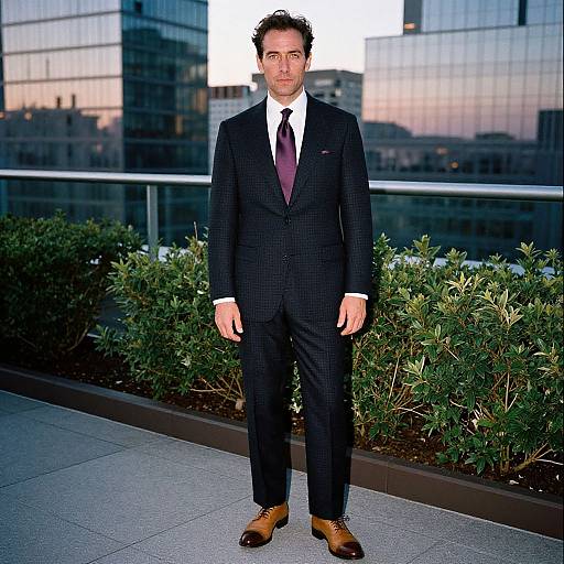 Photograph of a tall, handsome man in a dark checkered suit, white shirt, maroon tie, and brown leather shoes, standing on a