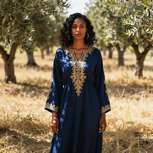 Photograph of a dark-skinned woman with curly hair, wearing a blue embroidered dress, standing in a sunlit olive grove.