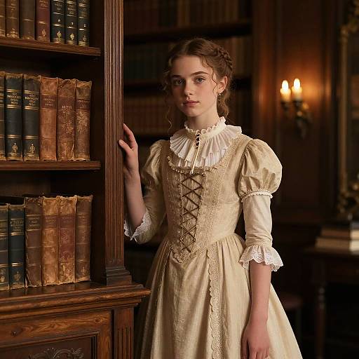 Young woman in Victorian-era cream dress with lace collar and corset, standing in a dimly lit, wooden bookshelf library.