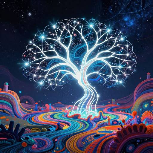 Bright, glowing tree with neon white branches illuminates a vibrant, colorful landscape of swirling streams and abstract flora under a starry night sky. Digital art