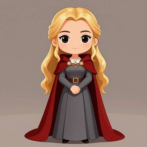 Digital chibi-style drawing of a blonde girl with long hair, wearing a dark blue dress, red cape, and white collar, standing against a gray