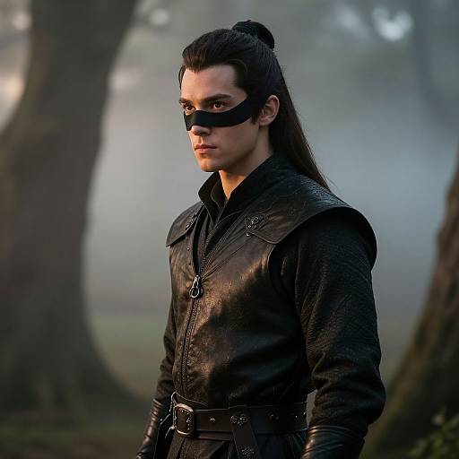 Photograph of a serious, dark-haired man in a black leather mask and outfit, standing in a misty forest, with tall trees in the background