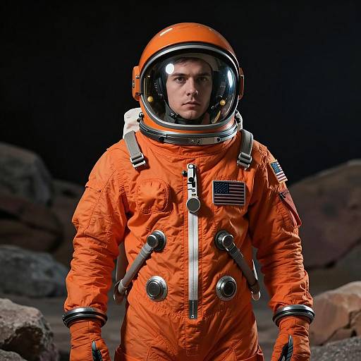 Young Male Astronaut in Orange Spacesuit