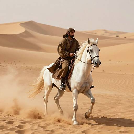 Photograph of a bearded man in desert attire riding a white horse through a sandy desert with rolling dunes in the background.