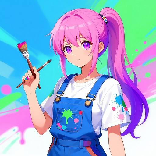 Digital anime-style drawing of a pink-haired girl with purple eyes, wearing blue overalls, holding a paintbrush, against a vibrant, colorful background.