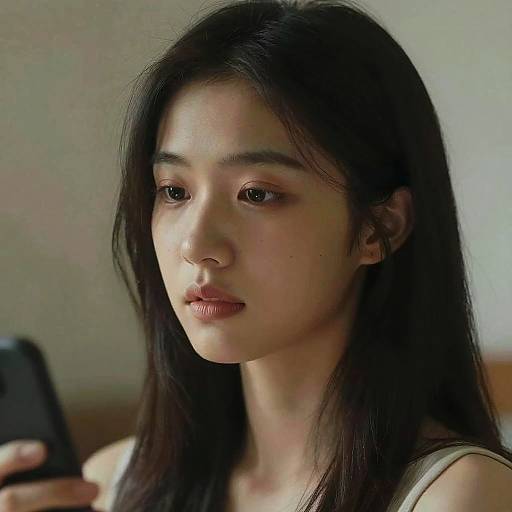 Photograph of a young Asian woman with long black hair, light skin, and minimal makeup, looking at a smartphone with a neutral expression, soft natural