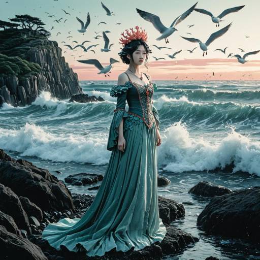 Forlorn Siren with Coral Crown on Rocky Shore