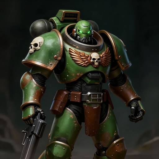 Digital illustration of a green, armored warrior with skull and wing motifs, holding a gun, standing against a dark, rocky background.