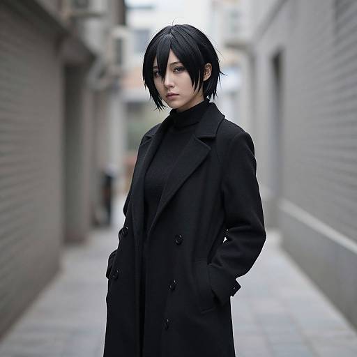 Digital art of a young Asian woman with black bob haircut, wearing a black coat, standing in a narrow urban alley.