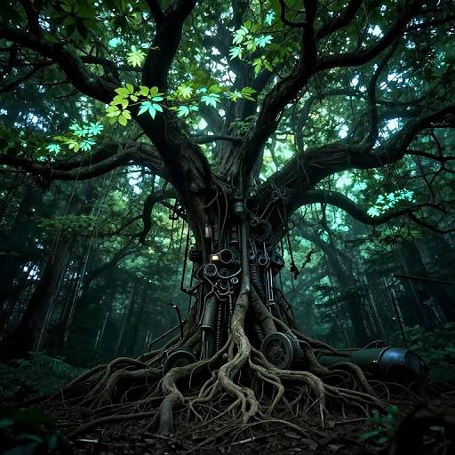Photograph of a massive, twisted tree in a dense forest, with glowing green leaves, tangled roots, and hanging vines, creating a mystical, enchant