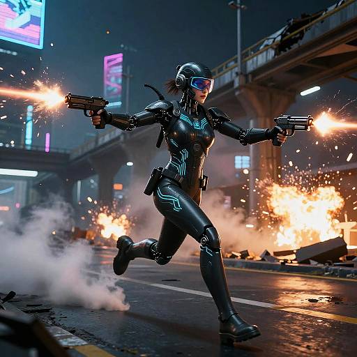 Android Commando Sprinting Through Neon Freeway