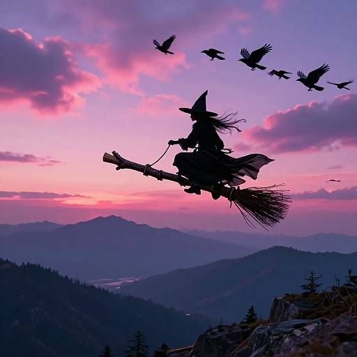 Silhouetted witch on broomstick flying above mountains at sunset, with birds in flight, against a pink and purple sky. Photographic fantasy