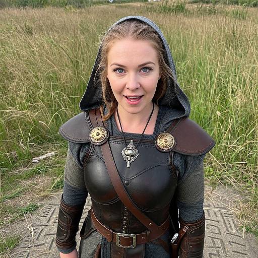 Photograph of a smiling young woman with light brown hair, wearing a medieval-style black leather and gray armor outfit with gold shoulder plates, standing in a