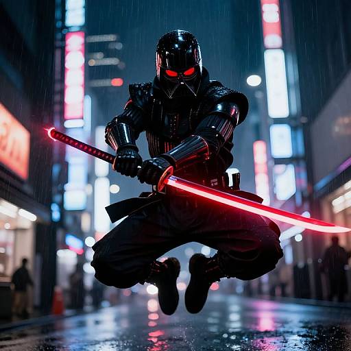 CGI image of a black-armored, red-eyed ninja with glowing red lightsaber, leaping in a rainy, neon-lit city street.