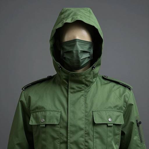 Photograph of a faceless person in a green hooded military-style jacket with black straps, wearing a matching green mask, against a dark gray background