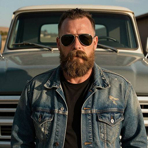 Photograph of a bearded man with a full beard, wearing aviator sunglasses, a black t-shirt, and a distressed denim jacket, standing in