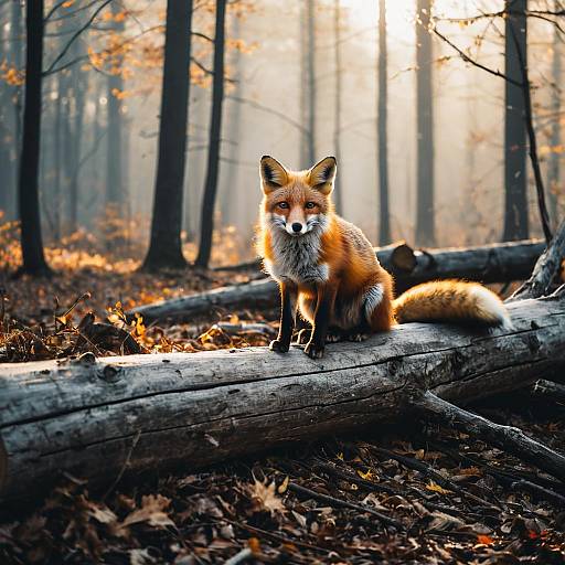 Red Fox on Fallen Log in Autumn Forest