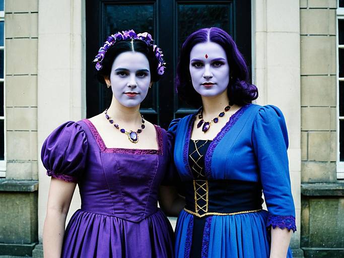 Photograph of two pale-skinned women in dark blue and purple Victorian-style dresses, with white face paint, flower crowns, and black necklaces
