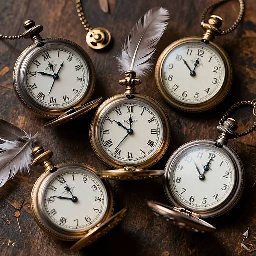 Photograph of five vintage brass pocket watches with white faces, black numerals, and white feather accents, arranged on a rustic, dark wooden surface.