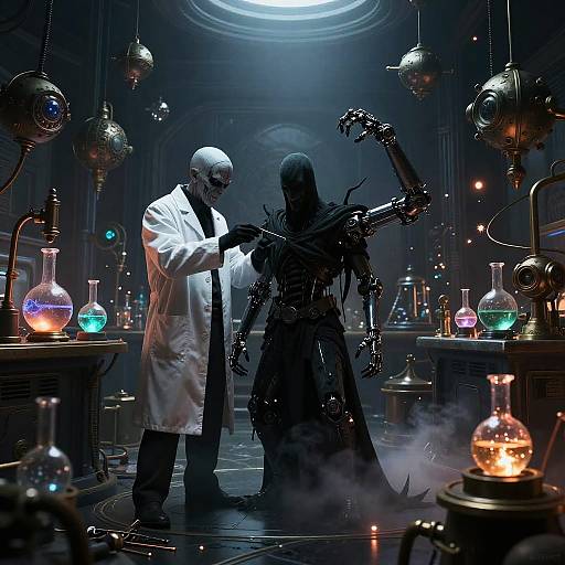 Photograph-like CGI: Scientist in white lab coat creates black, humanoid, robotic creature with glowing eyes in dim, steampunk laboratory filled with colorful