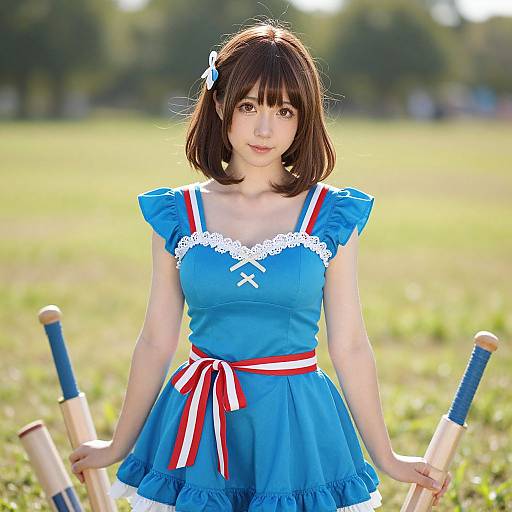 Asian woman in blue Alice in Wonderland dress with white lace, red and white ribbon, holding two wooden bats, sunny park background. Photographic image.