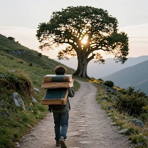 Photograph of a solitary figure with a backpack of books walking on a dirt path towards a large tree at sunset.