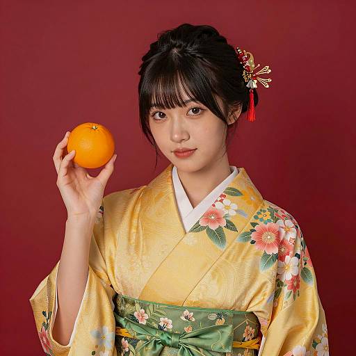 Asian Woman in Yellow Kimono Holding Orange