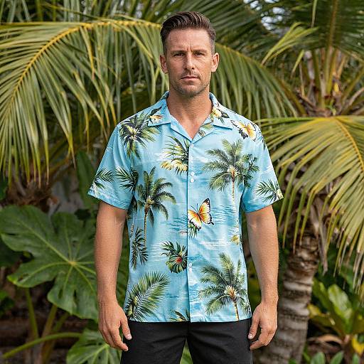 Man in Hawaiian Shirt by Palm Trees