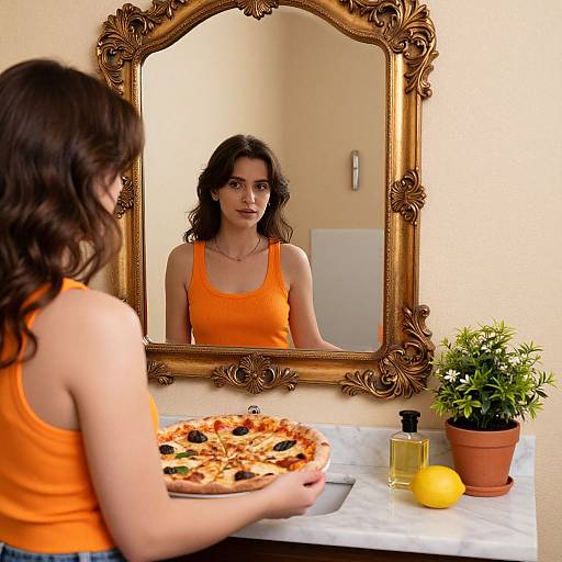 Photograph of a woman with wavy brown hair in an orange tank top, standing in front of an ornate gold-framed mirror, looking at