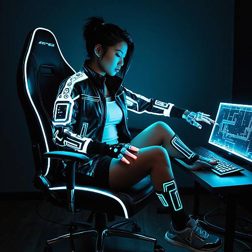 Cyberpunk Hacker with Neon Circuit Tattoos