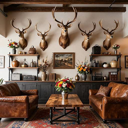 Rustic living room with brown leather couches, wooden coffee table, deer head mounts on wall, dark shelves, floral vases, and a