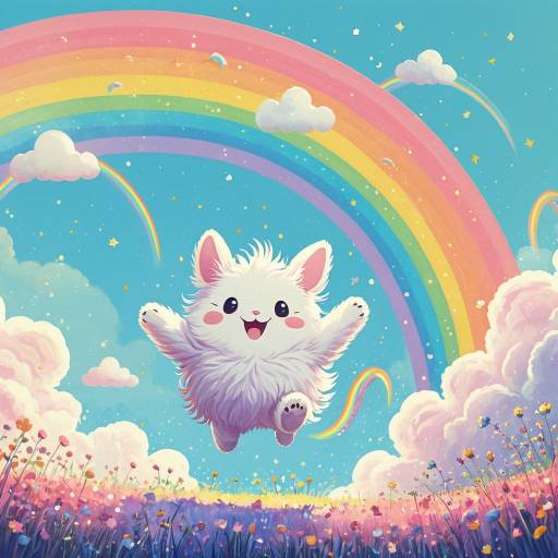 Joyful Fluffy Creature Jumping Over Rainbow