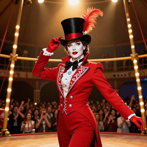 Photograph of a striking female performer in a vibrant red circus outfit, black top hat with red feather, white shirt, black bowtie, and red