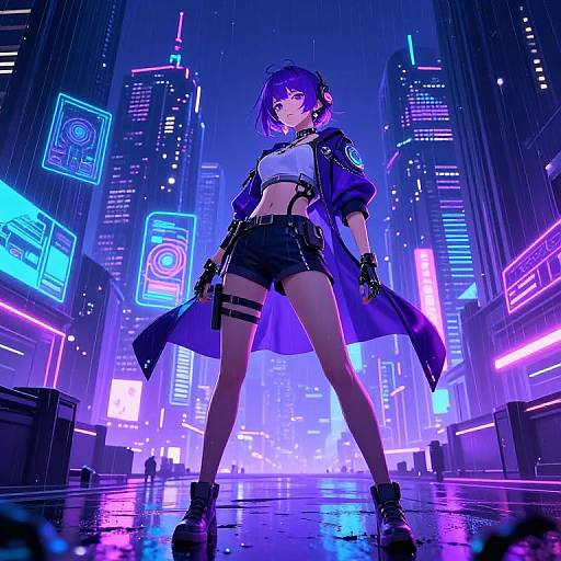 Cyberpunk anime girl with purple hair, white crop top, black shorts, thigh straps, and long coat, stands confidently in a neon-lit